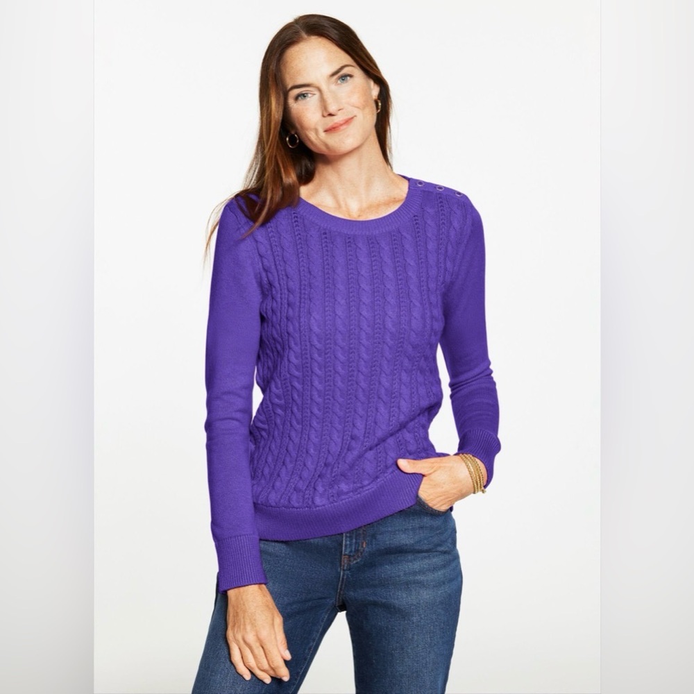 Talbots Purple Cable Knit Crewneck Sweater Woman’s Size Medium Button Accent
